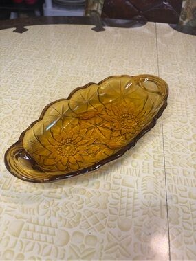 Vintage Indiana Glass Amber Floral Pressed Glass Relish Dish